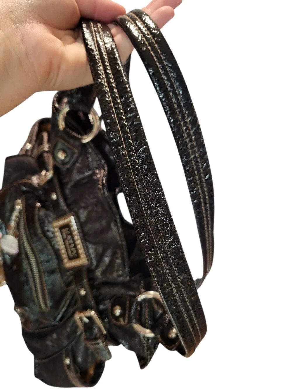 Y2K Kathy Van Zeeland Metallic Black Bling Shoulder Bag Satchel Purse